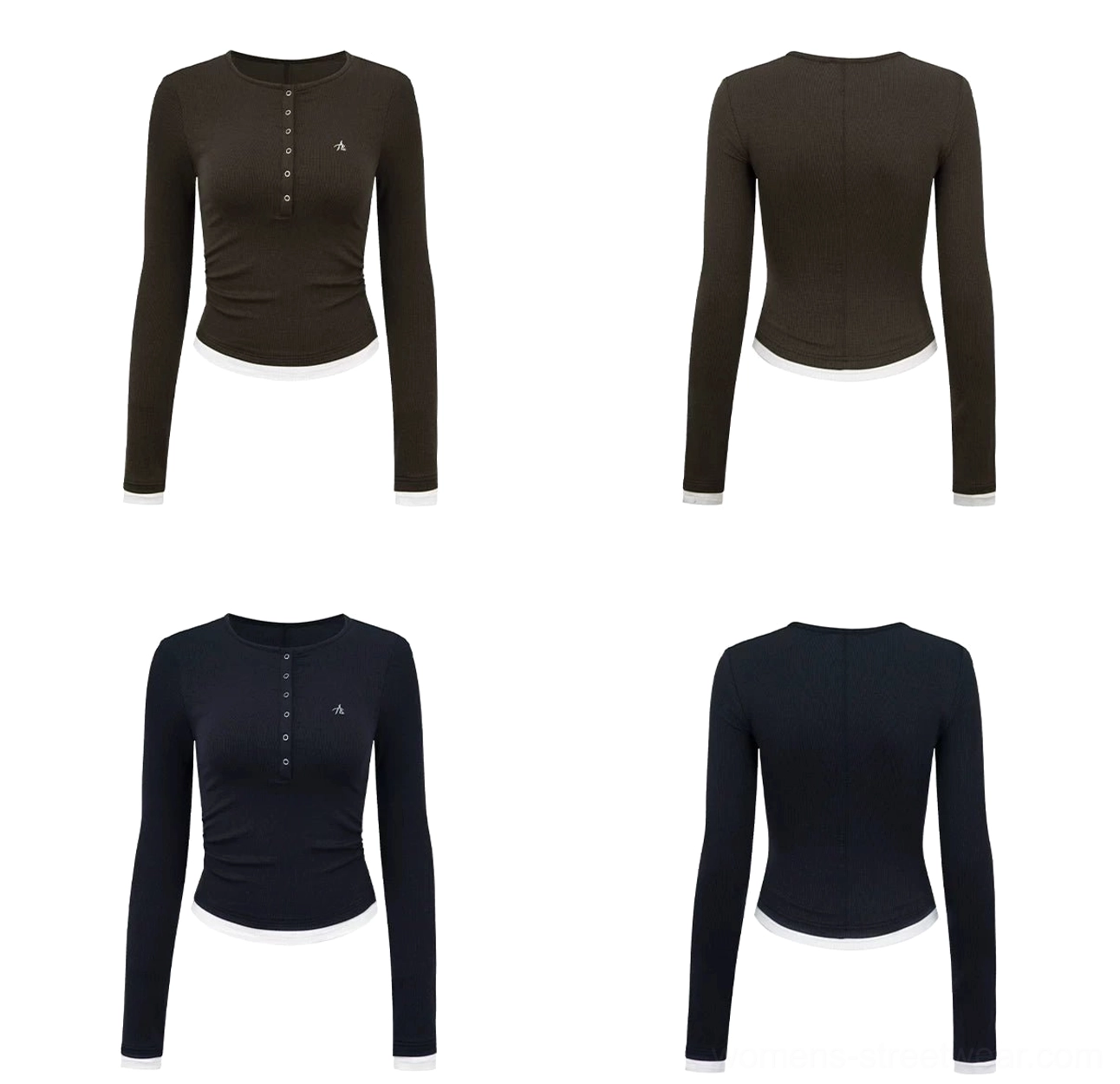 Flat lay front and back view of dark brown and navy blue layered Henley ribbed long sleeve streetwear tops