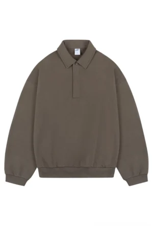 Dark brown oversized long sleeve polo sweater with quarter button placket, ribbed collar, drop shoulders, and relaxed Korean streetwear fit