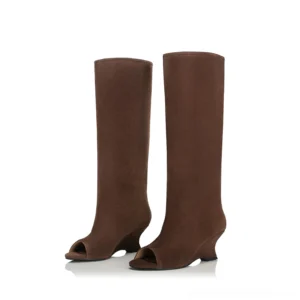 Dark chocolate brown peep toe wedge boots with relaxed knee-high shafts and soft matte texture