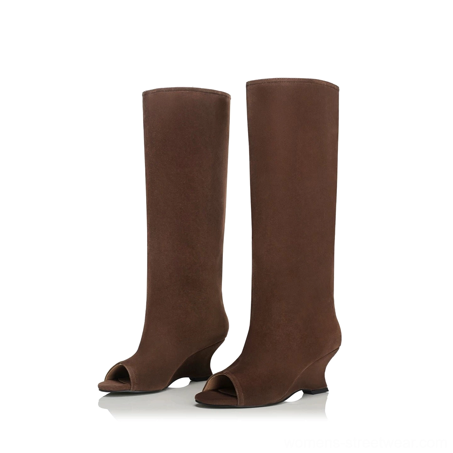 Dark chocolate brown peep toe wedge boots with relaxed knee-high shafts and soft matte texture