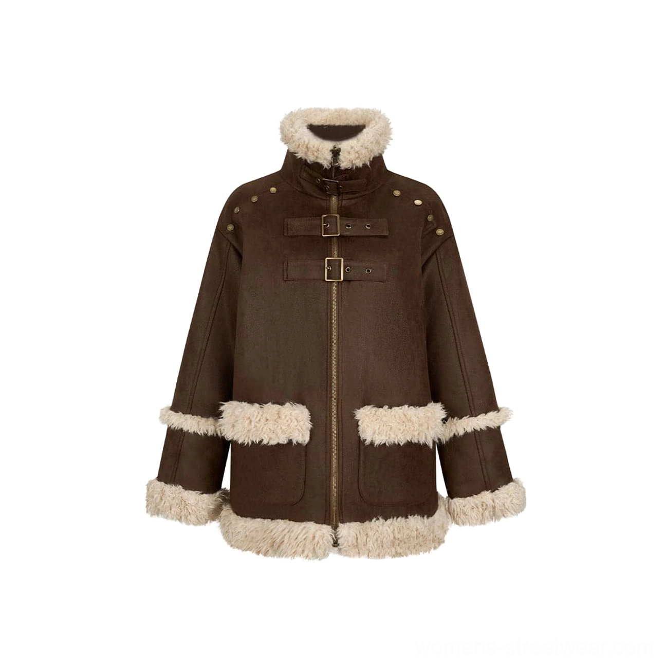 Flat lay front view of dark brown reversible suede shearling jacket with high collar, front zipper, buckle fasteners, and shoulder studs