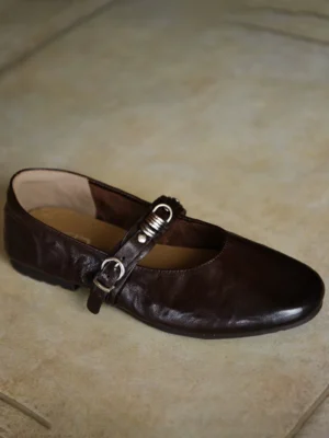 Women's dark brown rounded-toe Mary Jane flats shown from a side front angle with an adjustable silver buckle strap and smooth leather finish