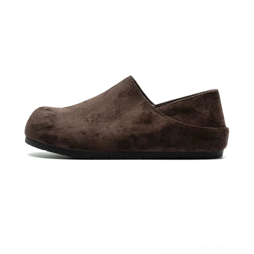 Dark brown rounded-toe suede clogs with foldable rear heel and durable black rubber sole minimalist studio product image