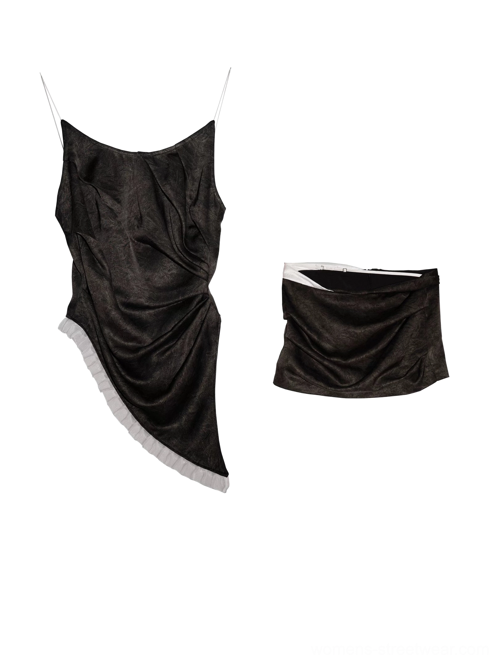 Flat lay of a dark brown ruched camisole and matching low-rise mini skirt with thin straps and contrasting white mesh trim