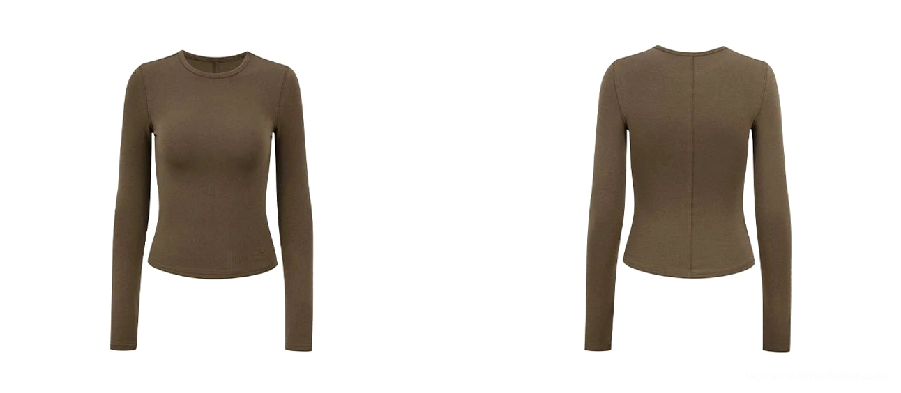 Dark brown sculpted crew neck long sleeve top front and back flat lay showing fitted silhouette