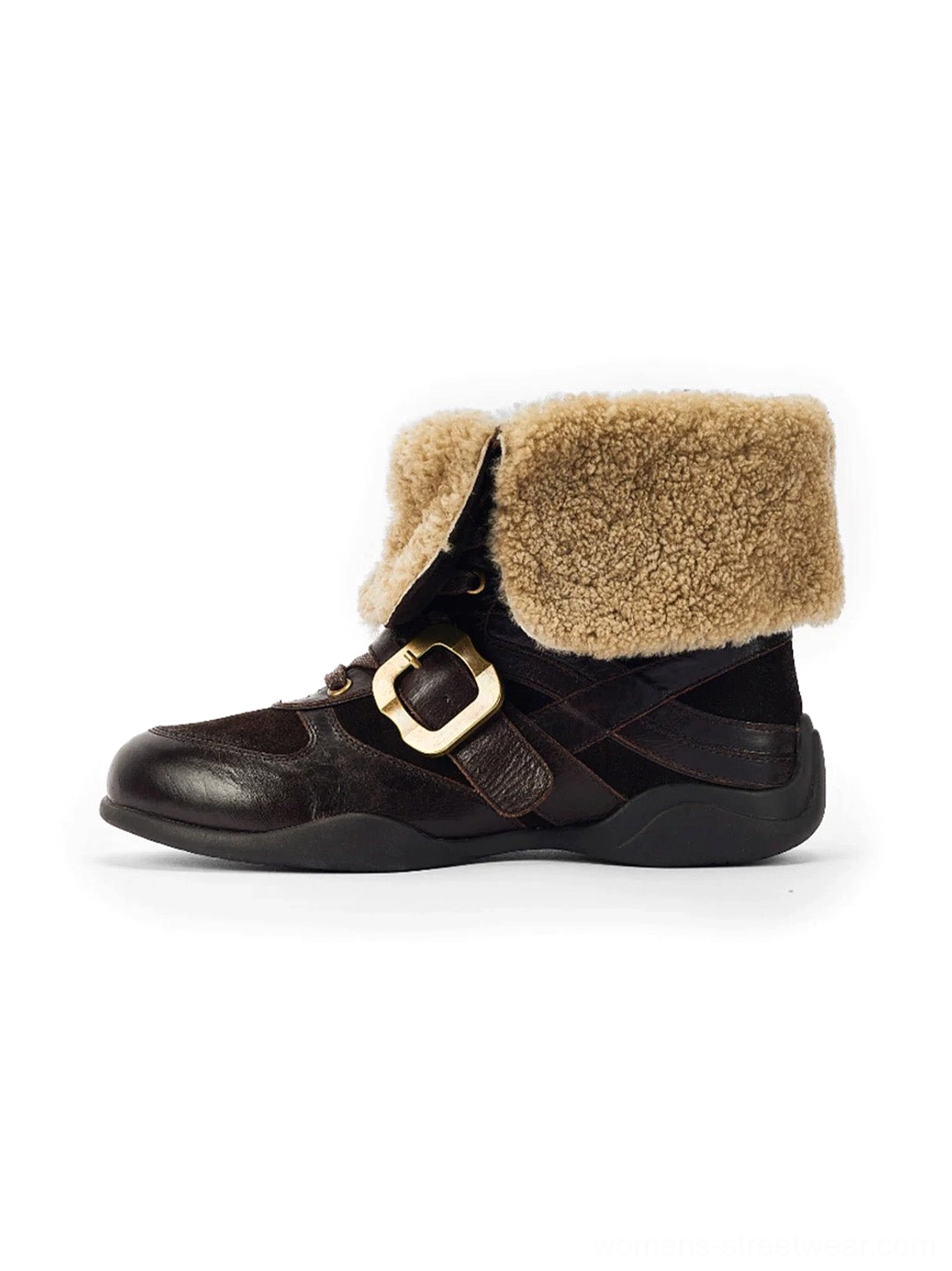 Dark brown shearling-cuff leather ankle boot shown from the side with a tan foldover cuff and antique-style buckle