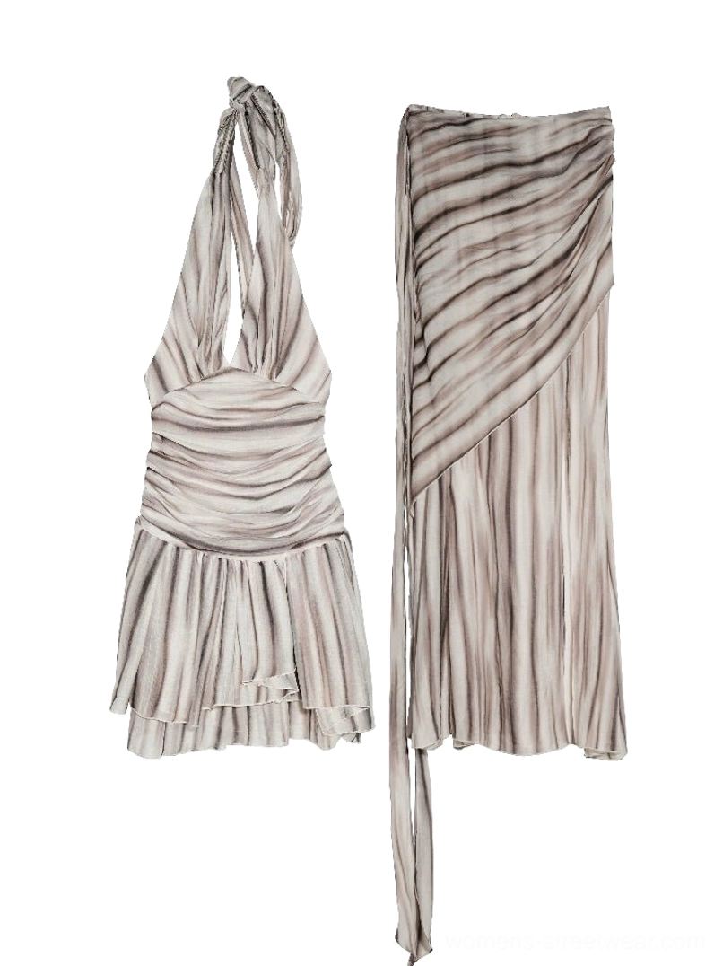 Dark brown striped halter vest and matching floor-length skirt two-piece dress set for Y2K streetwear and modern evening styling