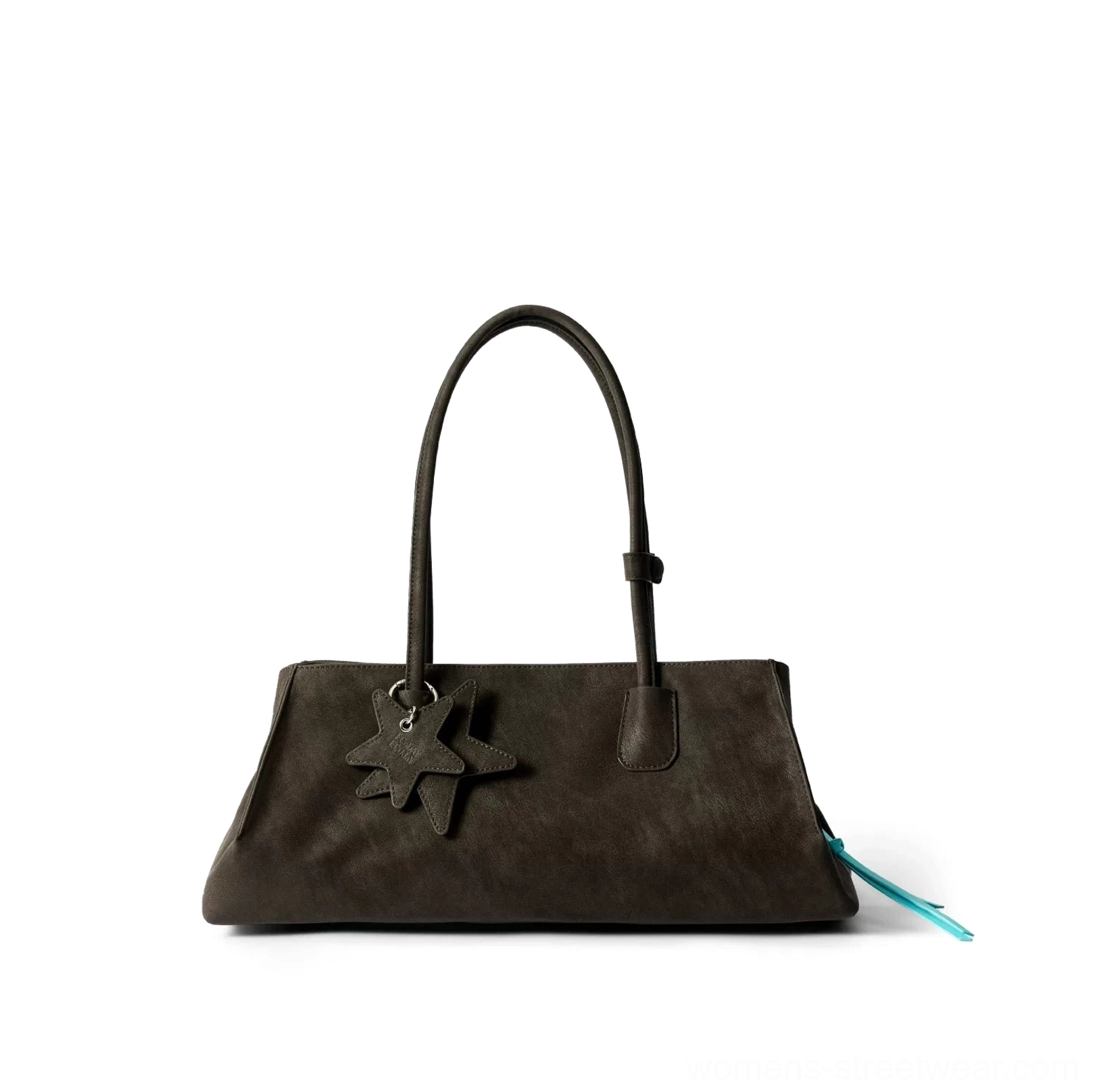 Dark brown structured PU leather commuter tote bag with matte suede-look texture turquoise zipper tassel and star charms