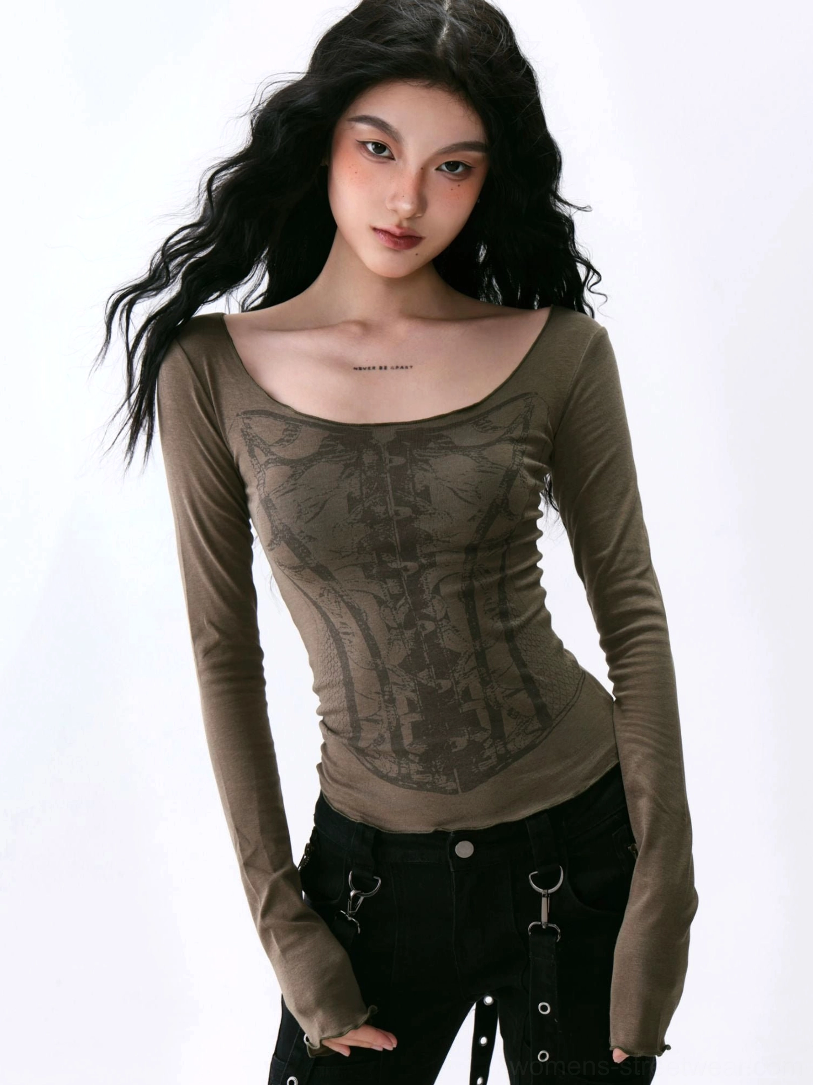 Close-up of dark brown tie-dye corset print wide collar long sleeve base layer with fitted streetwear silhouette