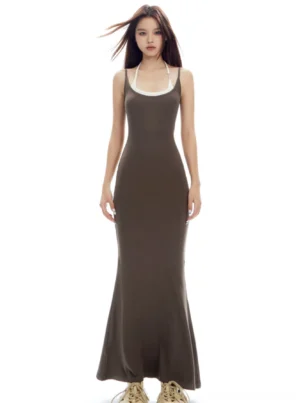 Front view of a dark brown two-tone bodycon maxi tank dress with white contrast neck trim and floor-length slim silhouette
