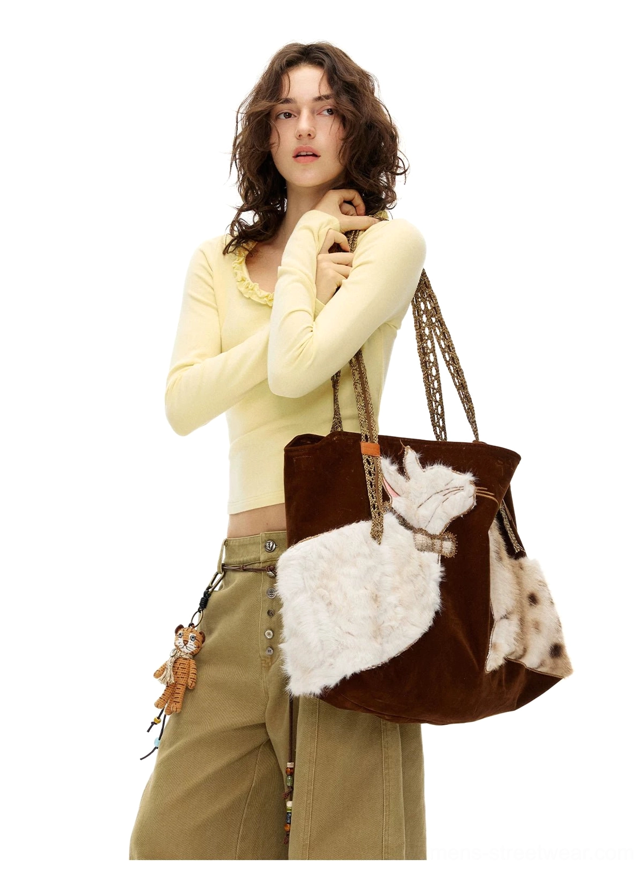 Dark brown velvet cat tote bag with plush storybook appliques for Korean streetwear and Acubi fashion outfits