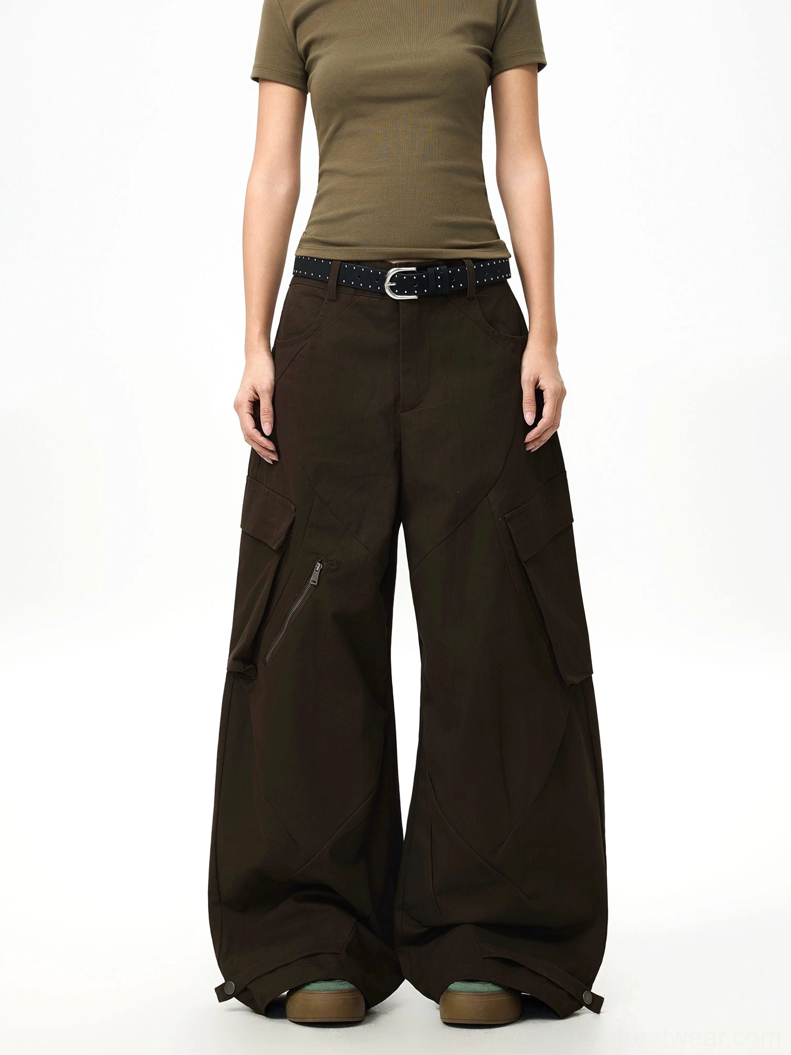 Straight front view of dark brown wide-leg cargo pants with classic waistband belt loops oversized side pockets and utility streetwear styling