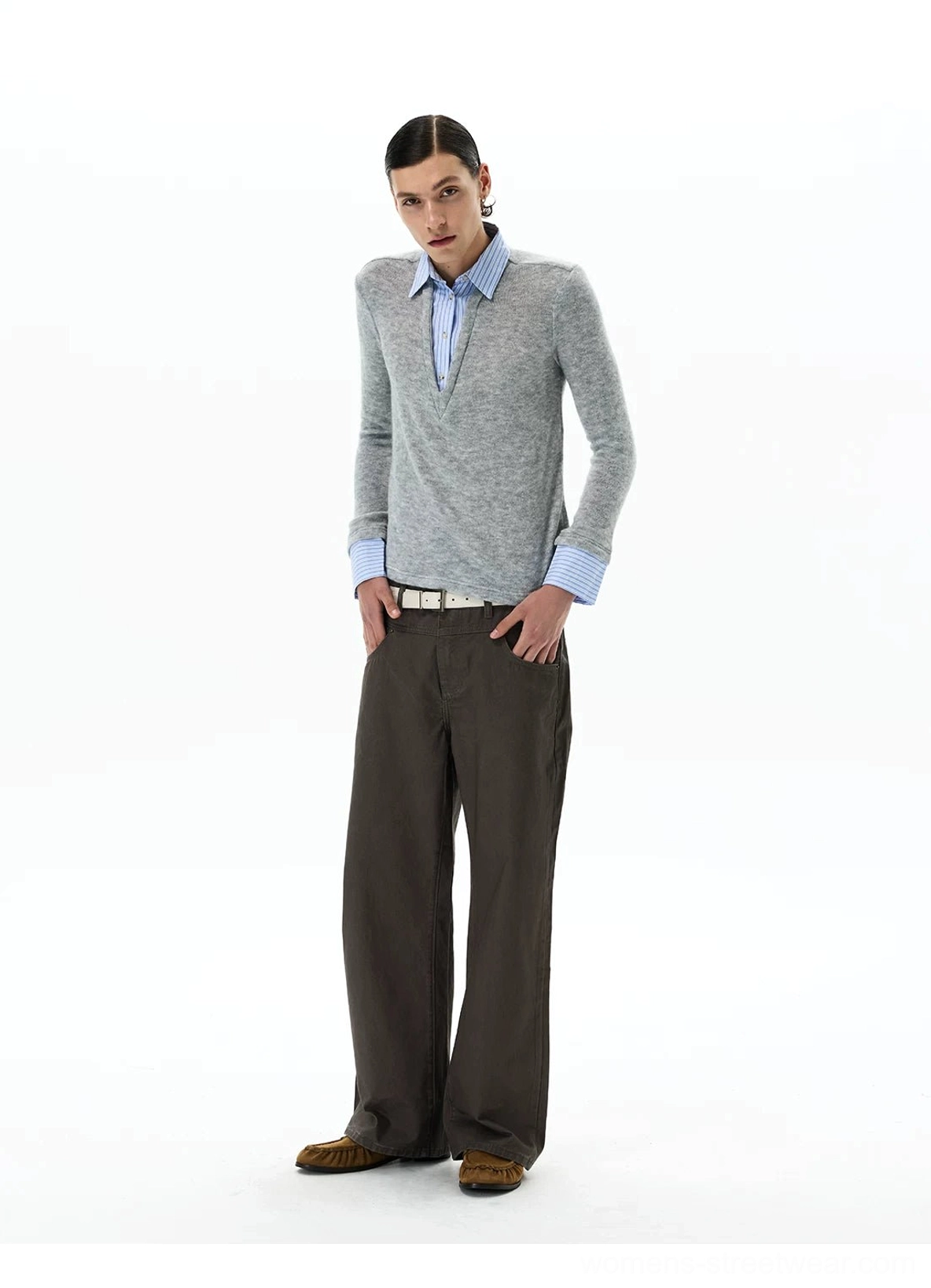 Front styling view of dark brown relaxed wide-leg chino pants paired with a gray collared knit top and brown loafers