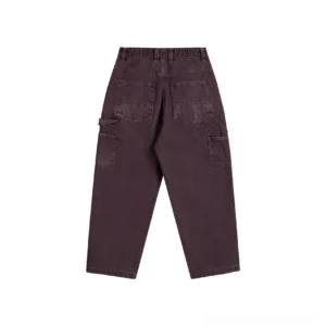 Dark brown women's carpenter denim pants shown from the back with rear utility pockets and side hammer loop