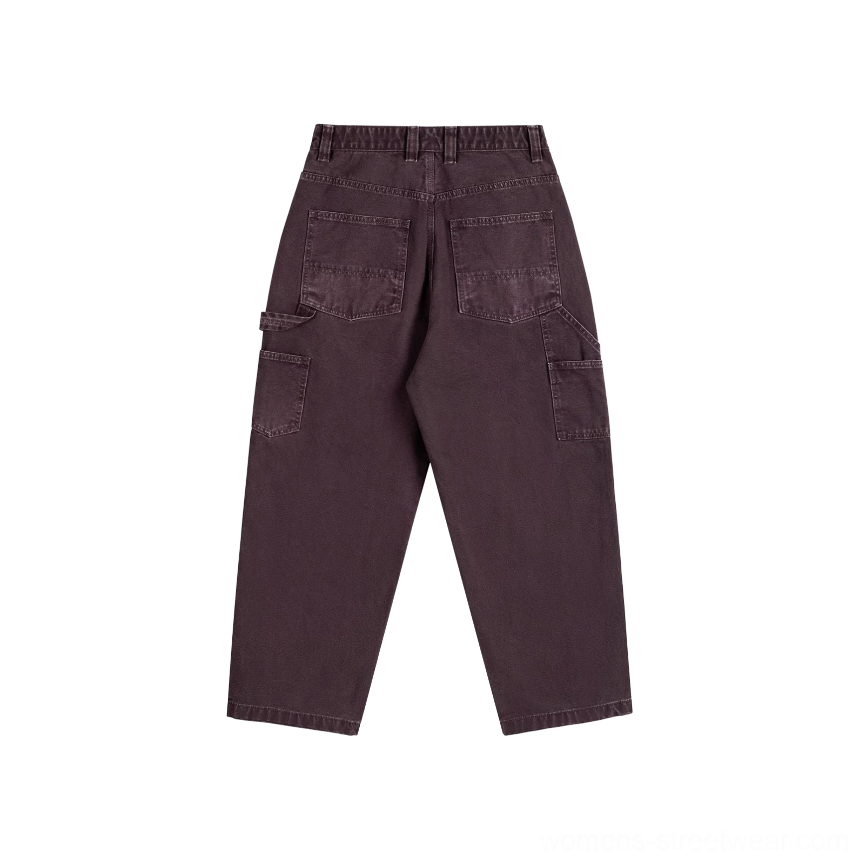 Dark brown women's carpenter denim pants shown from the back with rear utility pockets and side hammer loop