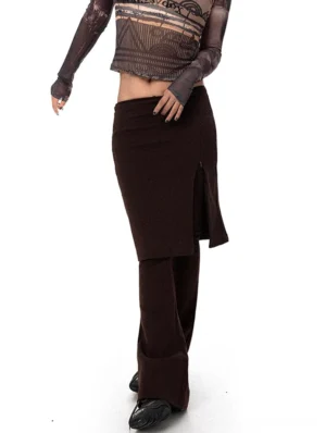 Dark brown Y2K layered skirt over flared pants streetwear set shown from a front three-quarter view on a female model