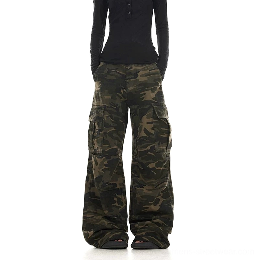 Full rear view of dark camouflage oversized wide leg cargo pants for women’s streetwear outfits