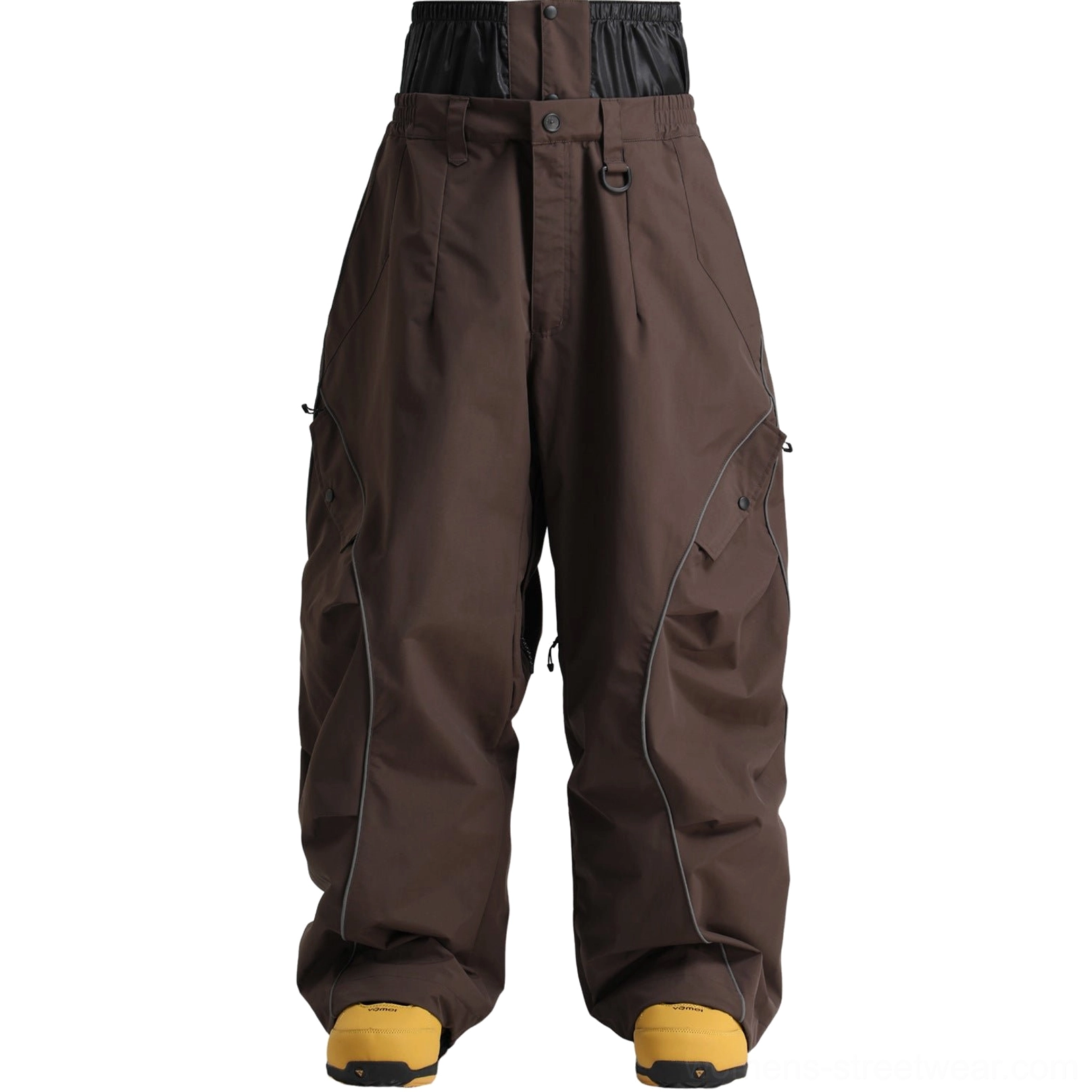 Dark chocolate brown reflective piped baggy snowboard cargo pants flat product view with wide legs