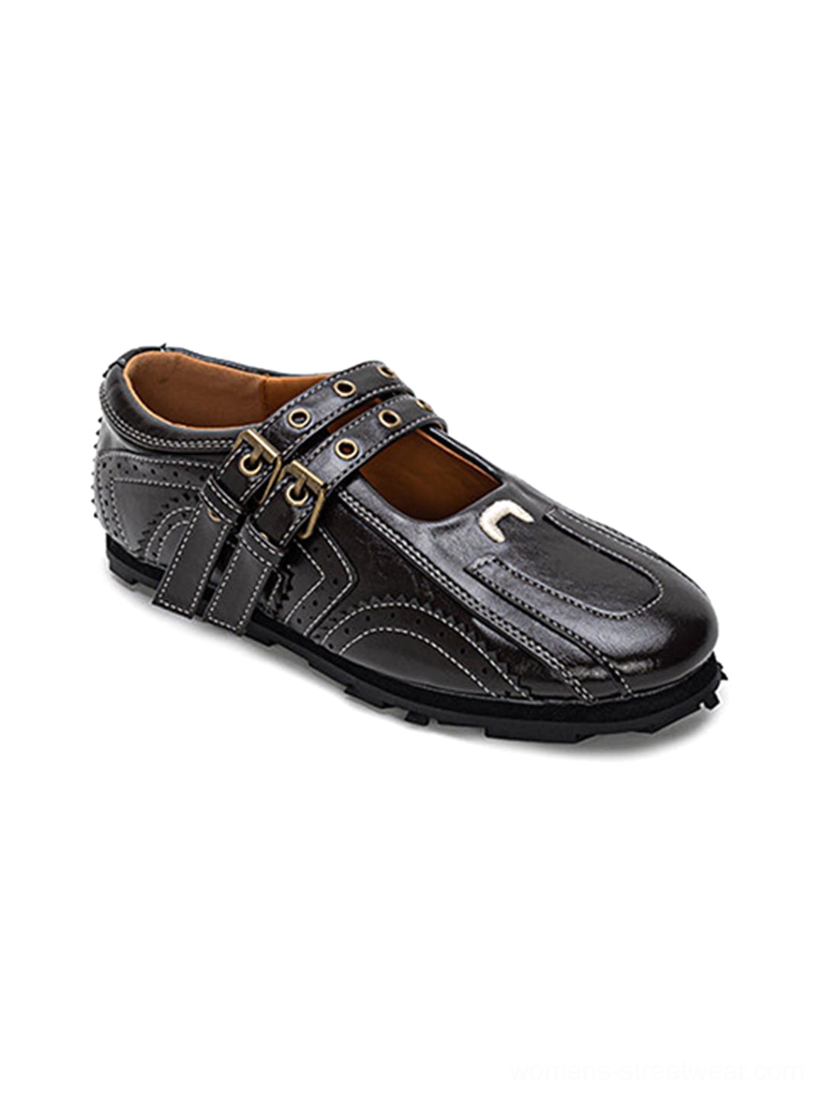 Dark coffee square-toe flat shoes shown from a right three-quarter angle with double buckles and a low treaded sole