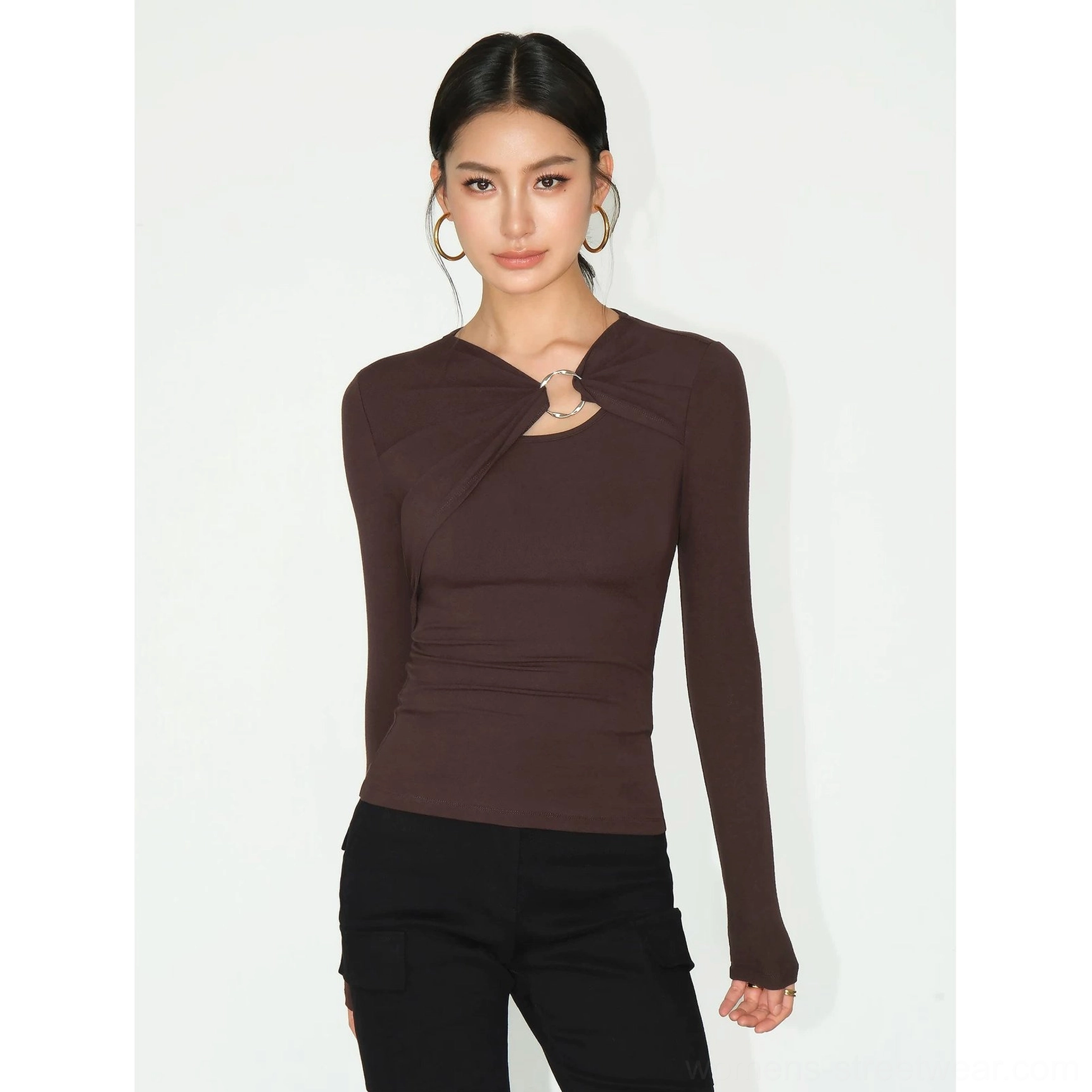 Dark coffee twist front ring top with slim silhouette for Seoul inspired Y2K streetwear styling