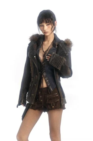 Front three-quarter view of a dark distressed denim military jacket with a fur-trimmed hood collar, fitted waist, button front, and layered streetwear styling