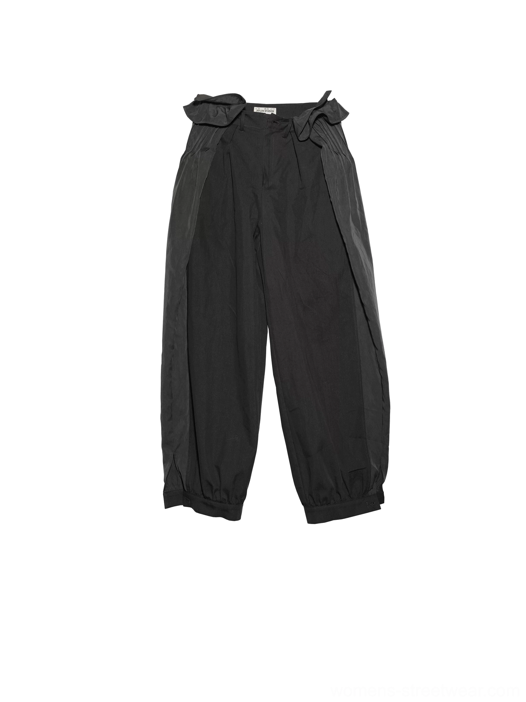 Dark gray balloon tie waist pants flat lay showing paperbag waist bow detail detachable overlays and gathered cuffs