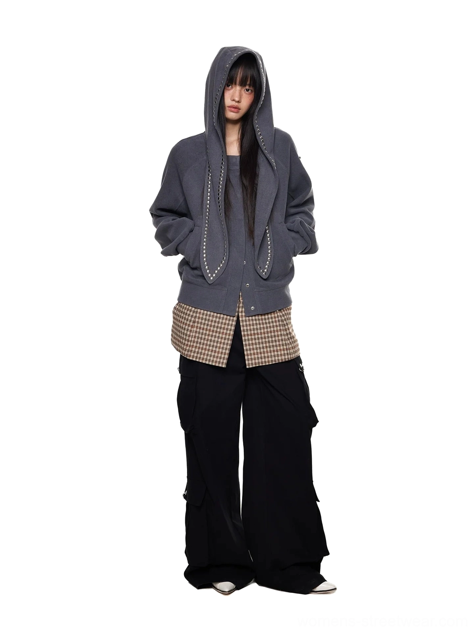 Back view of dark gray oversized bunny ear hoodie with soft fleece fabric, drop shoulders, and matching studded hood ears