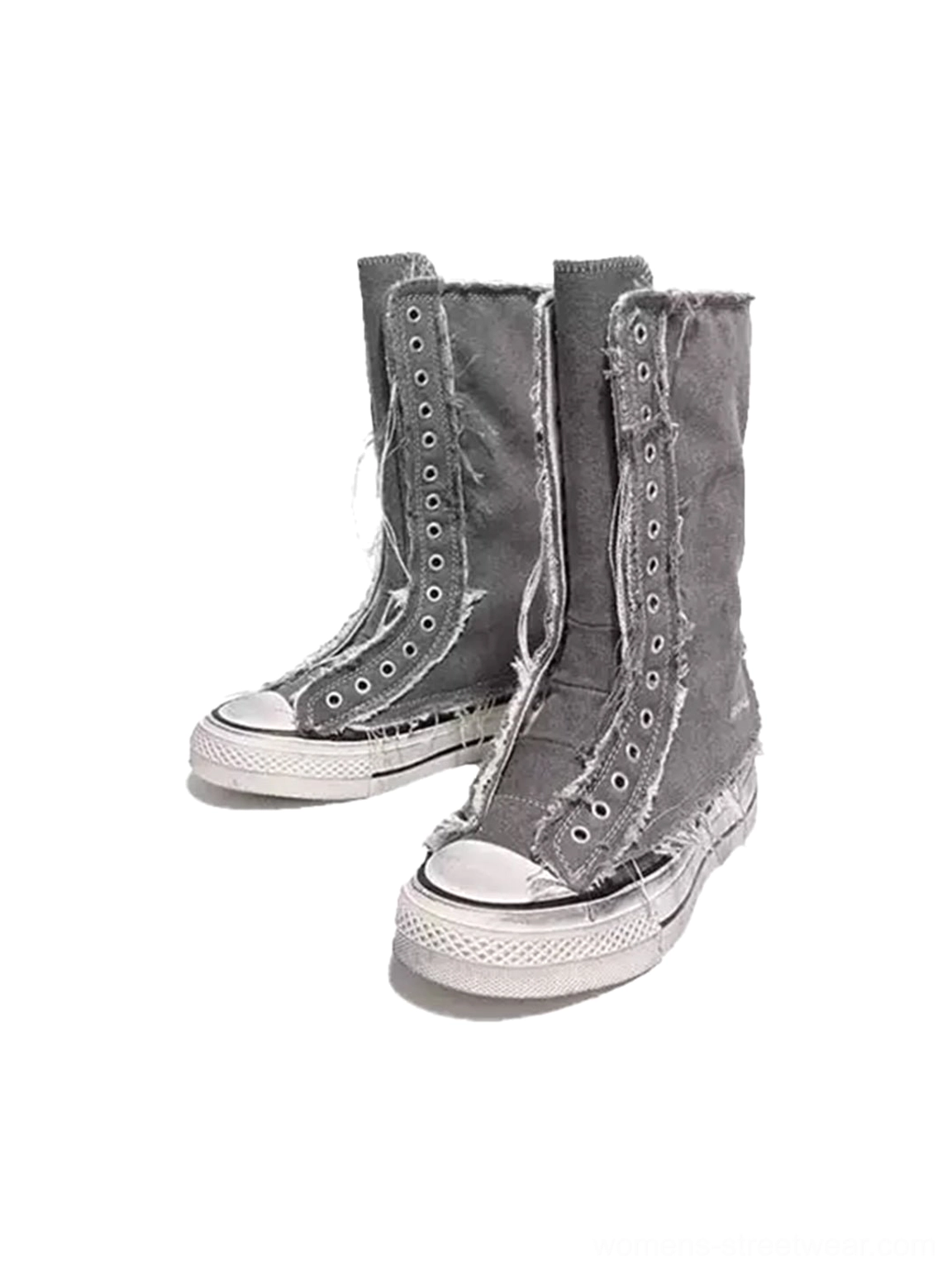 Pair of dark gray distressed high-top canvas platform boots with subtle frayed trim and white rubber soles
