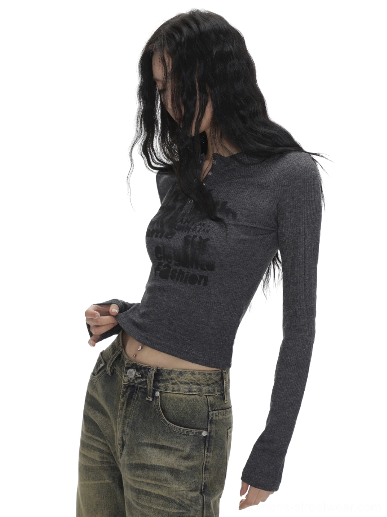 Dark gray graffiti letter print ribbed Henley crop top shown in side view with vintage jeans