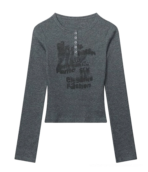 Dark gray graffiti letter print ribbed long sleeve Henley crop top flat lay front product view