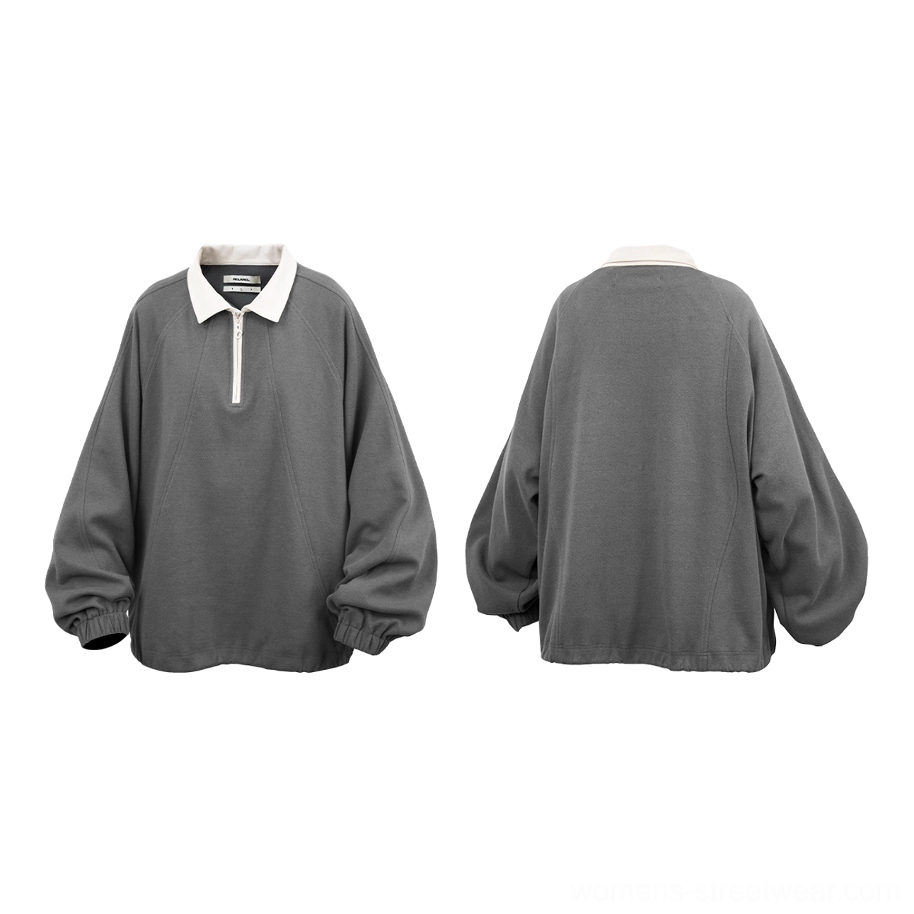 Dark gray half-zip raglan polo pullover with contrast collar for contemporary Korean streetwear outfits