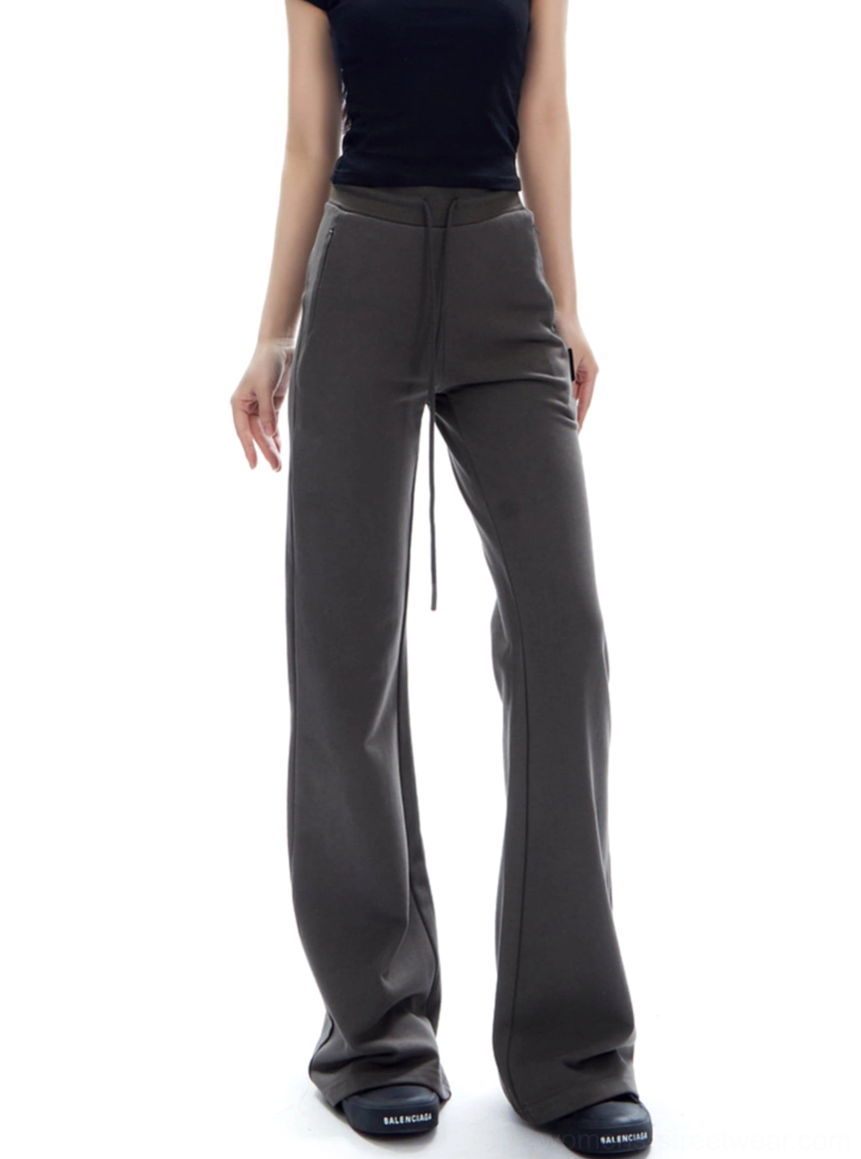Dark Gray high-waist flared streetwear sweatpants shown from a three-quarter side angle with long drawstring and tailored seam details