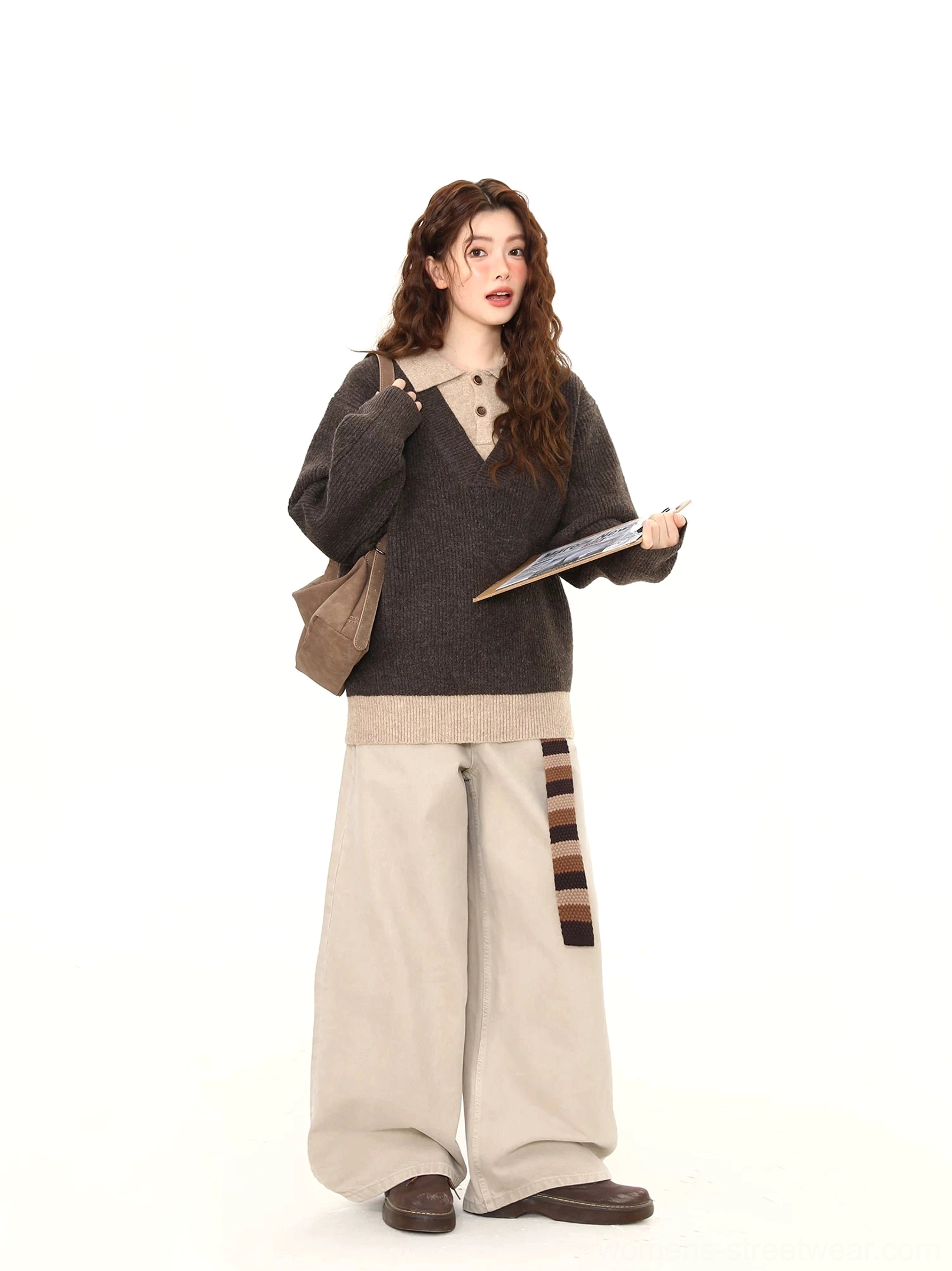 Dark gray layered-look polo collar sweater styled as Korean campus streetwear with wide-leg trousers