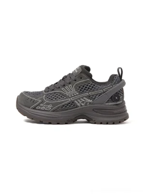 Dark gray layered mesh runner sneaker left side profile with tonal stitched overlays and chunky rubber sole