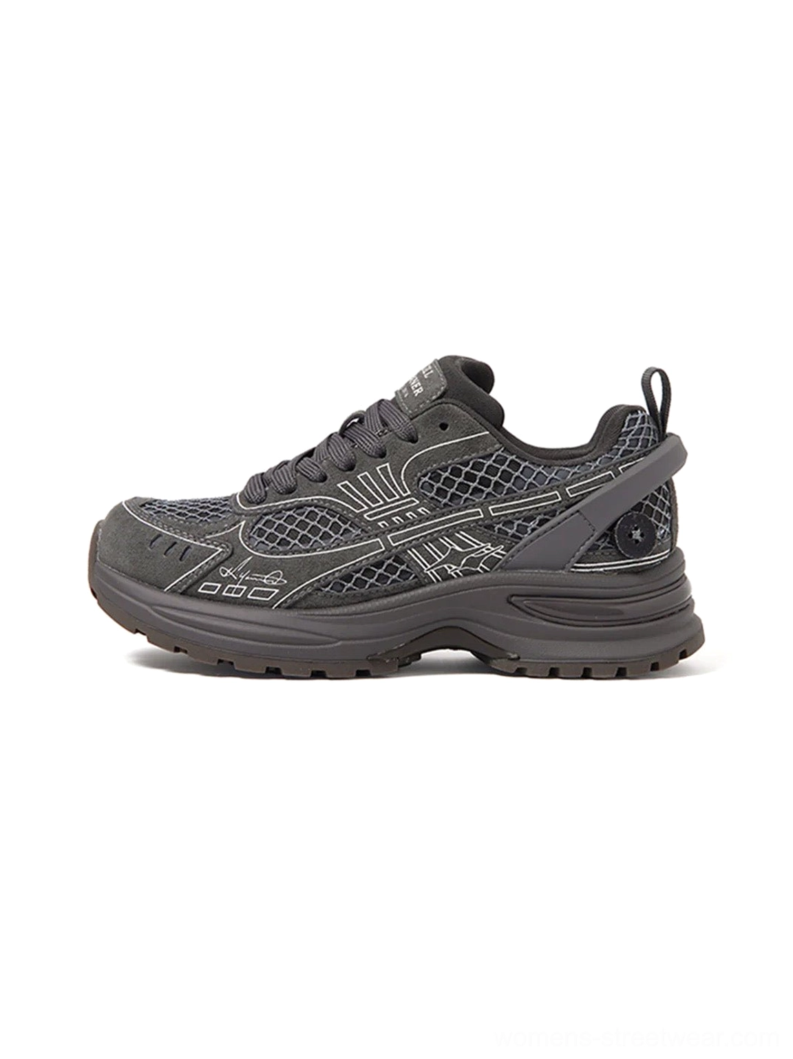 Dark gray layered mesh runner sneaker left side profile with tonal stitched overlays and chunky rubber sole