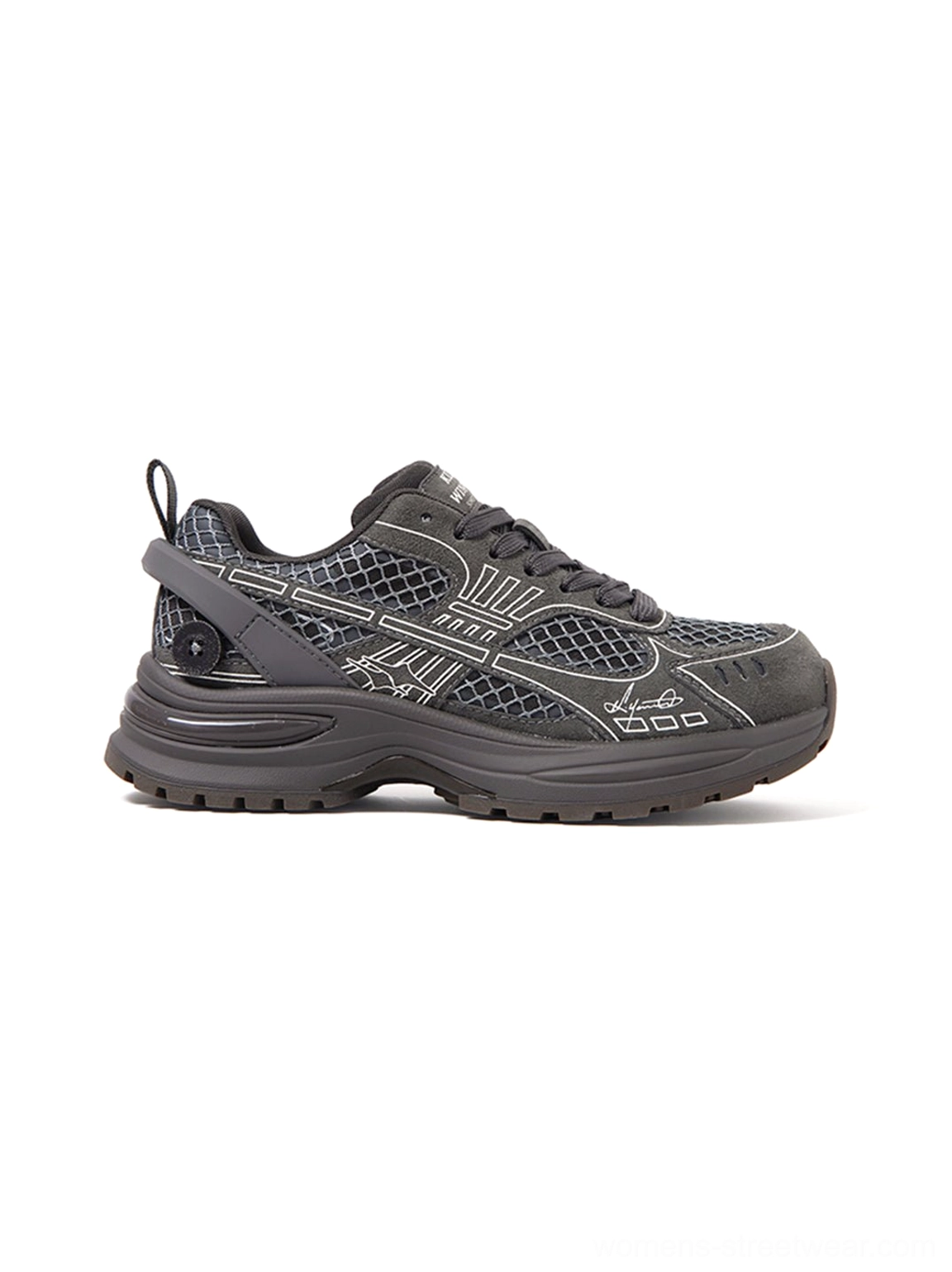 Dark gray layered mesh runner sneaker right side profile showing stitched overlays heel structure and thick outsole