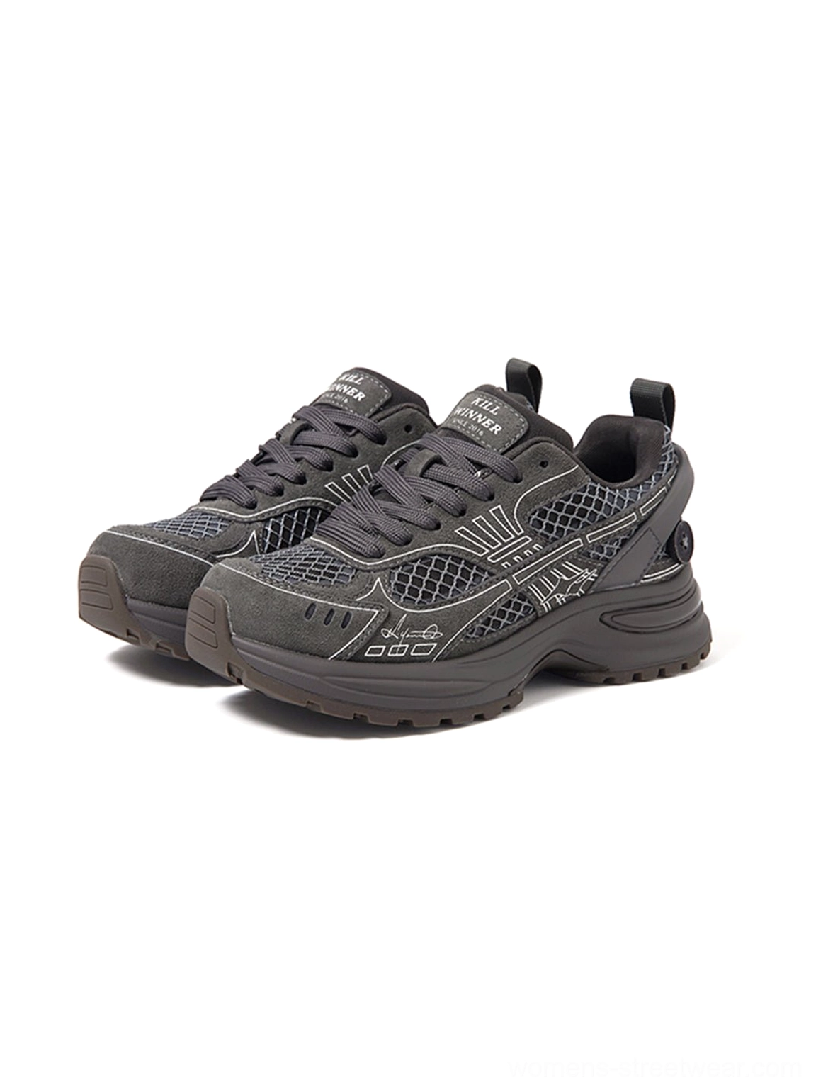 Pair of dark gray layered mesh runner sneakers front three-quarter view with padded collars and chunky soles