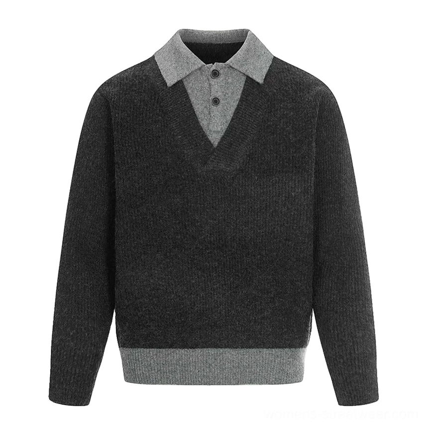 Dark gray layered polo collar knit sweater flat lay showing contrast collar button placket and layered hem