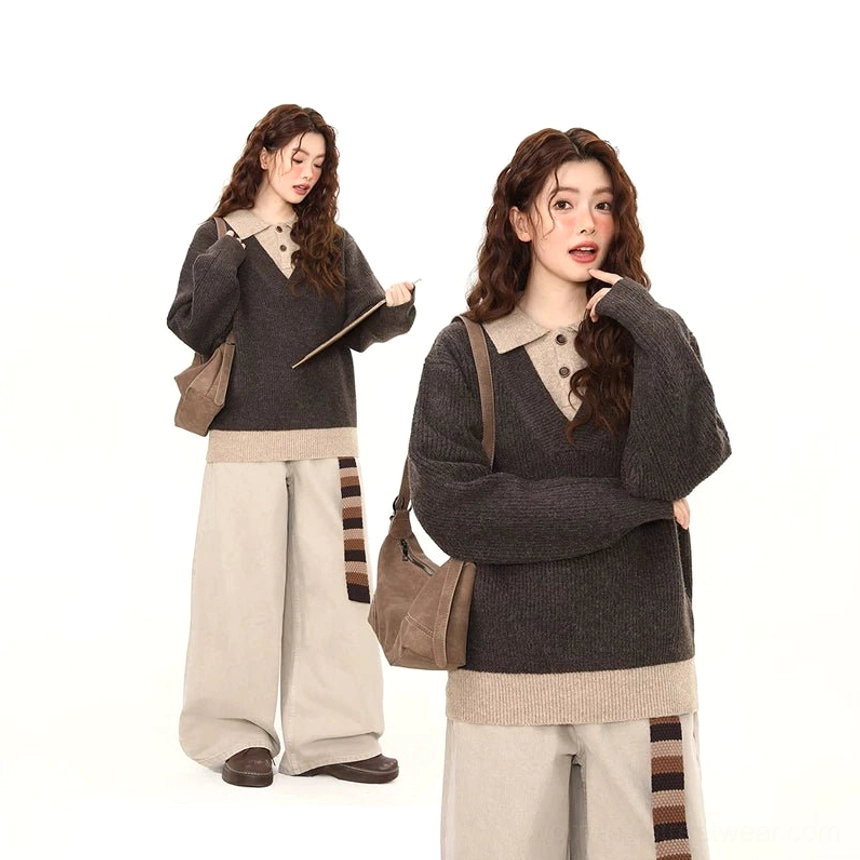 Dark gray layered polo collar knit sweater in casual Korean streetwear styling with wide-leg trousers and shoulder bag