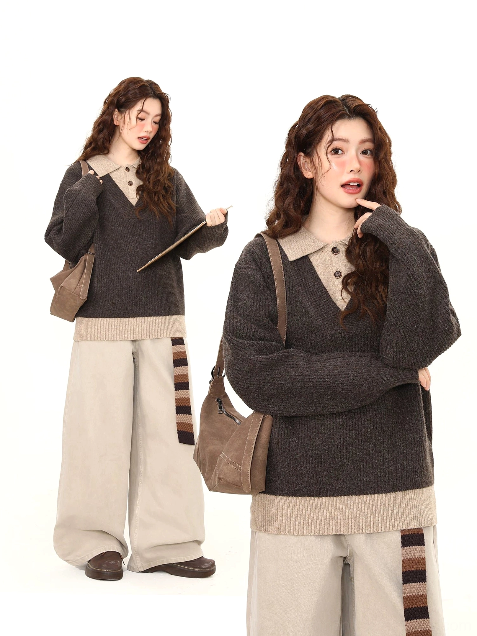 Two model poses displaying the relaxed fit and contrast layered hem of the dark gray polo collar knit sweater