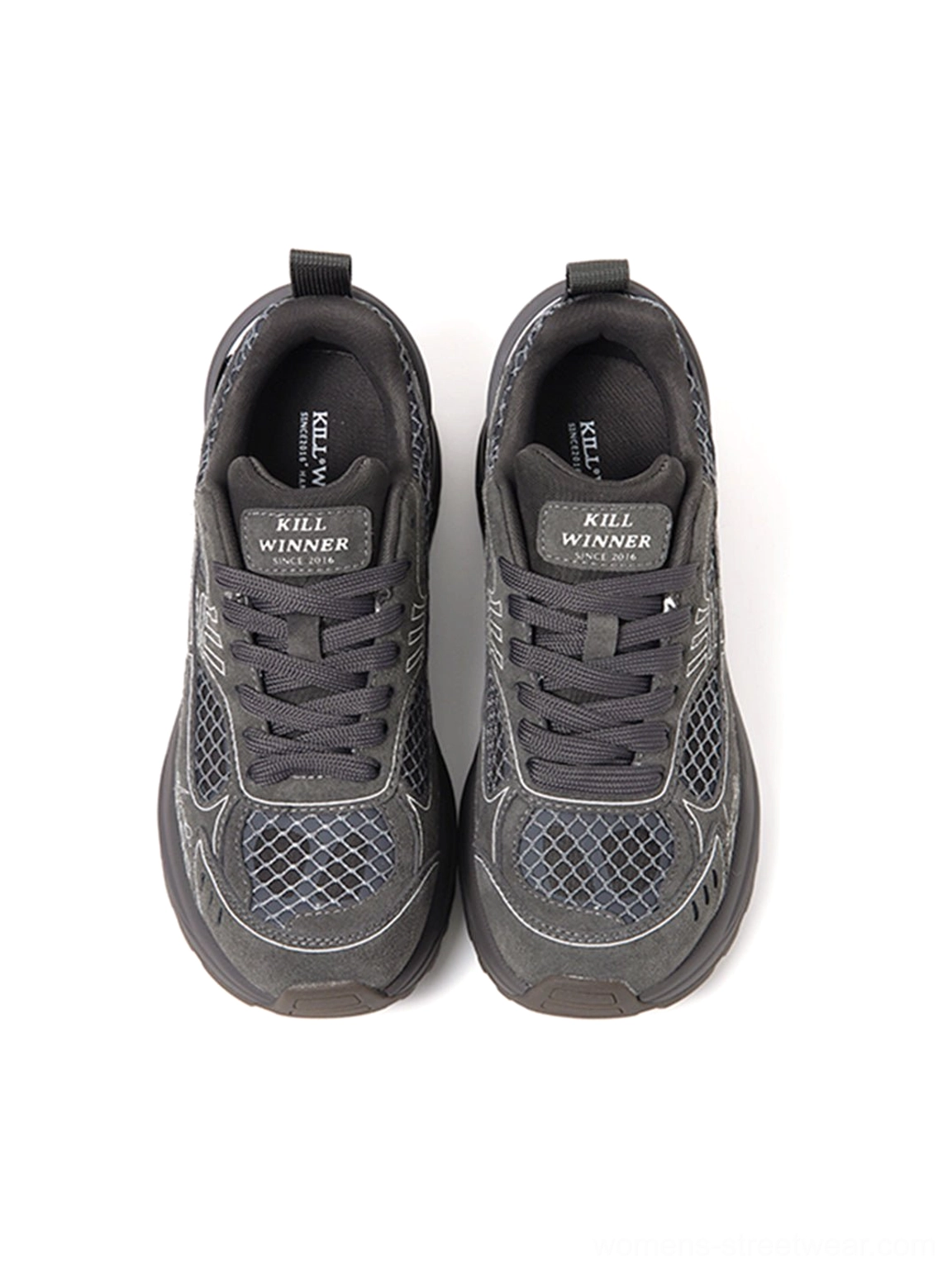 Top view of dark gray mesh runner sneakers showing lace-up closure padded tongues and tonal technical panels