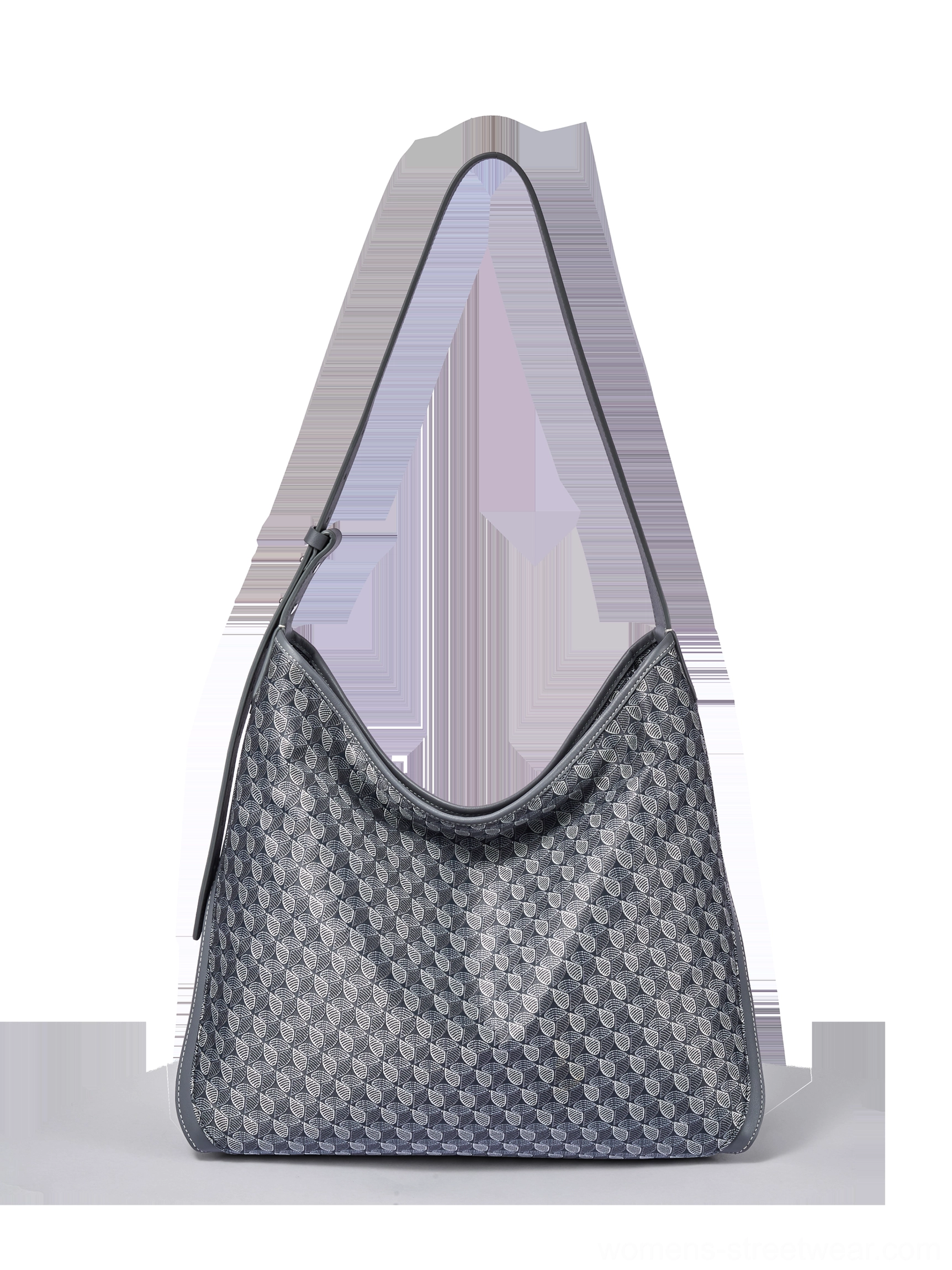 Partial rear studio view of dark gray monogram patterned large slouchy hobo shoulder bag