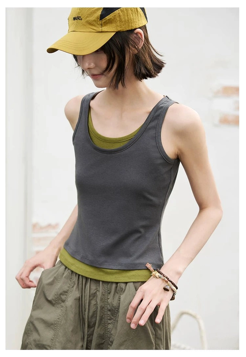 Dark gray olive green contrast layered scoop neck tank top in left front streetwear styling view