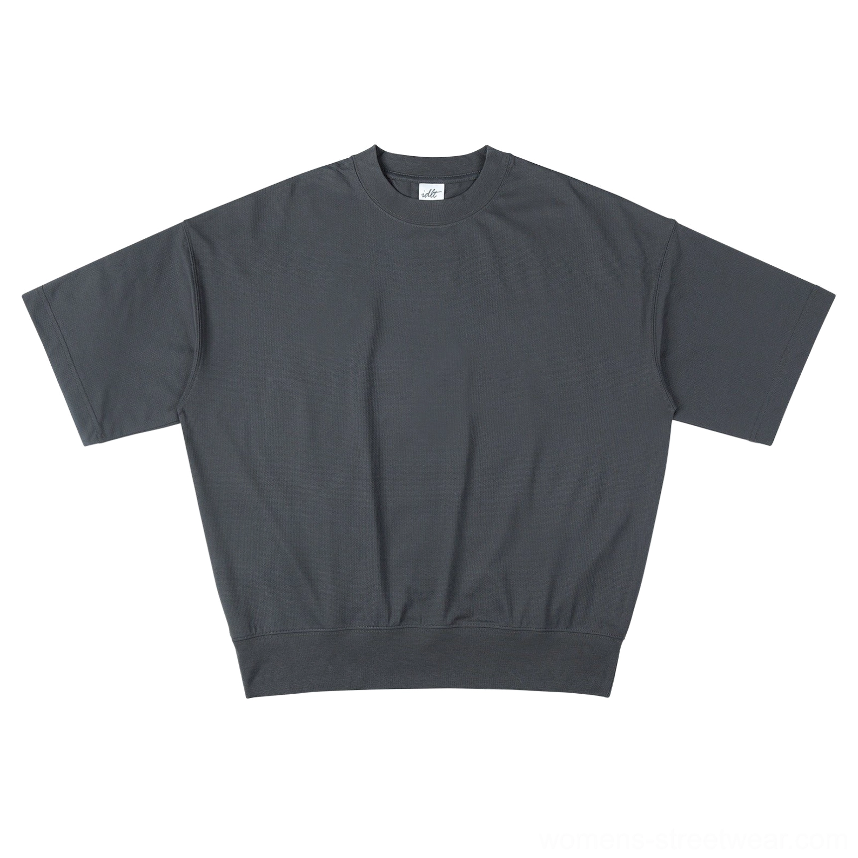 Dark gray oversized relaxed fit sweater tee with structured ribbed hem and contemporary Korean fashion silhouette