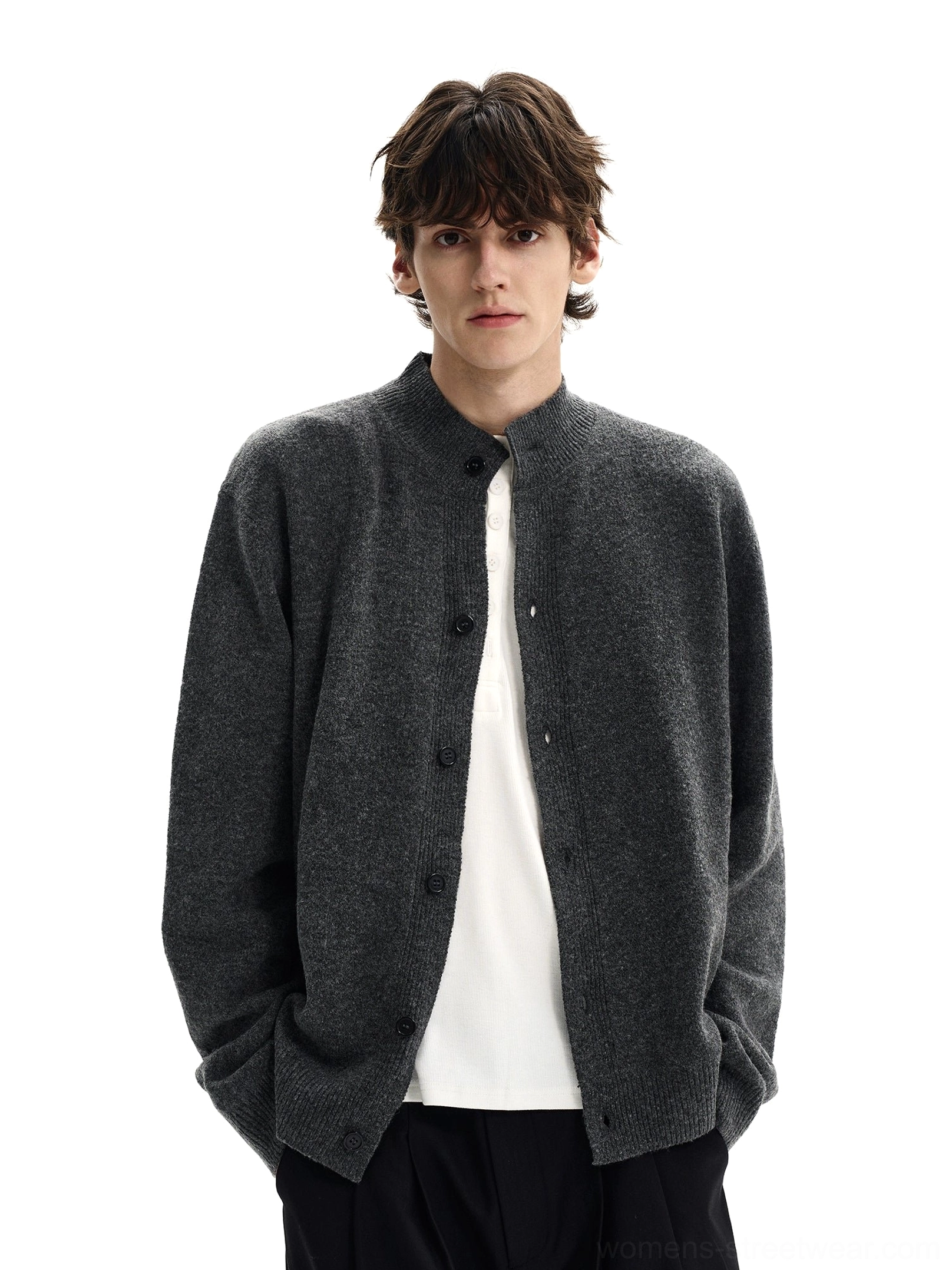 Front view of dark gray stand collar button front knit cardigan in relaxed Korean streetwear silhouette