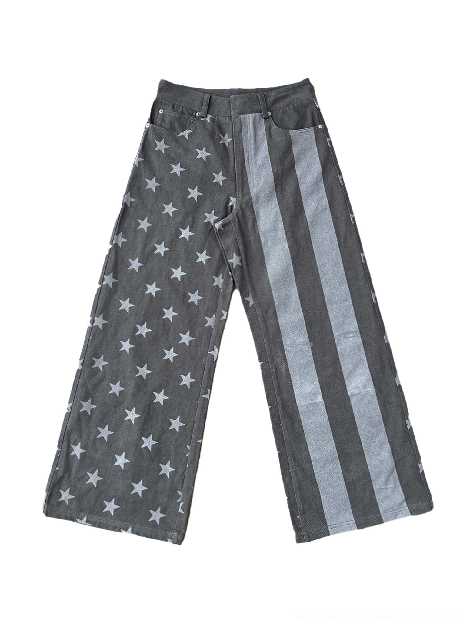 Flat lay front view of dark gray stars and stripes wide leg jeans showing the split star print and stripe panel design