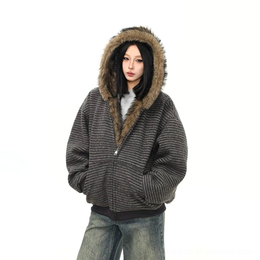 Dark gray striped faux fur hooded jacket color option with relaxed oversized proportions for urban layering
