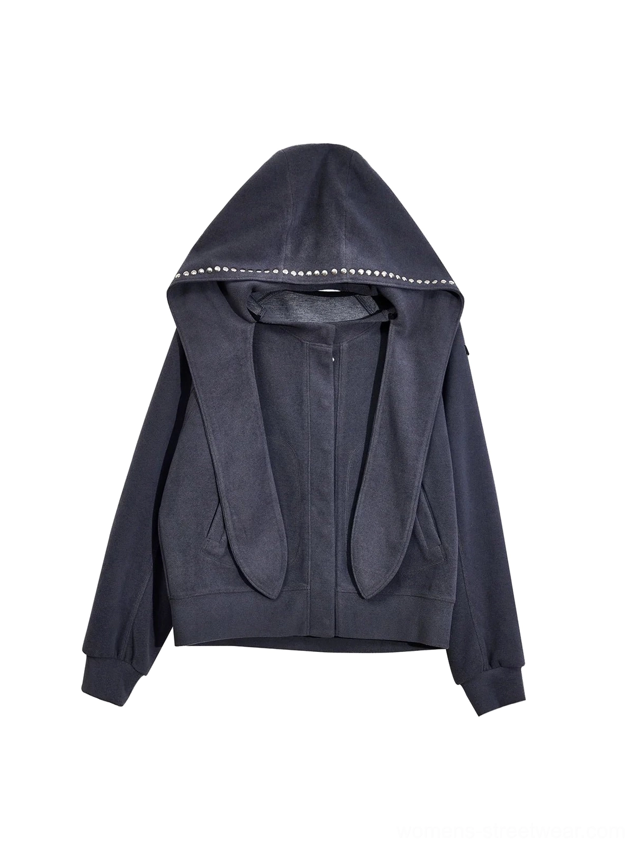 Top-down flat lay of dark gray oversized bunny ear hoodie with studded ears, front closure, and hidden side pockets