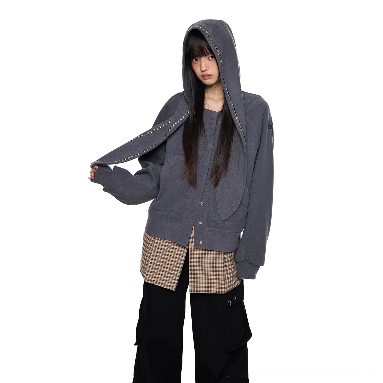 Dark gray bunny ear hoodie with silver studded long hood ears, front snap closure, and oversized Korean streetwear silhouette