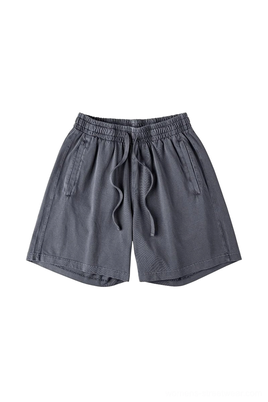 Dark gray vintage washed cotton streetwear shorts with extra long drawstrings elastic waist relaxed fit and side pockets